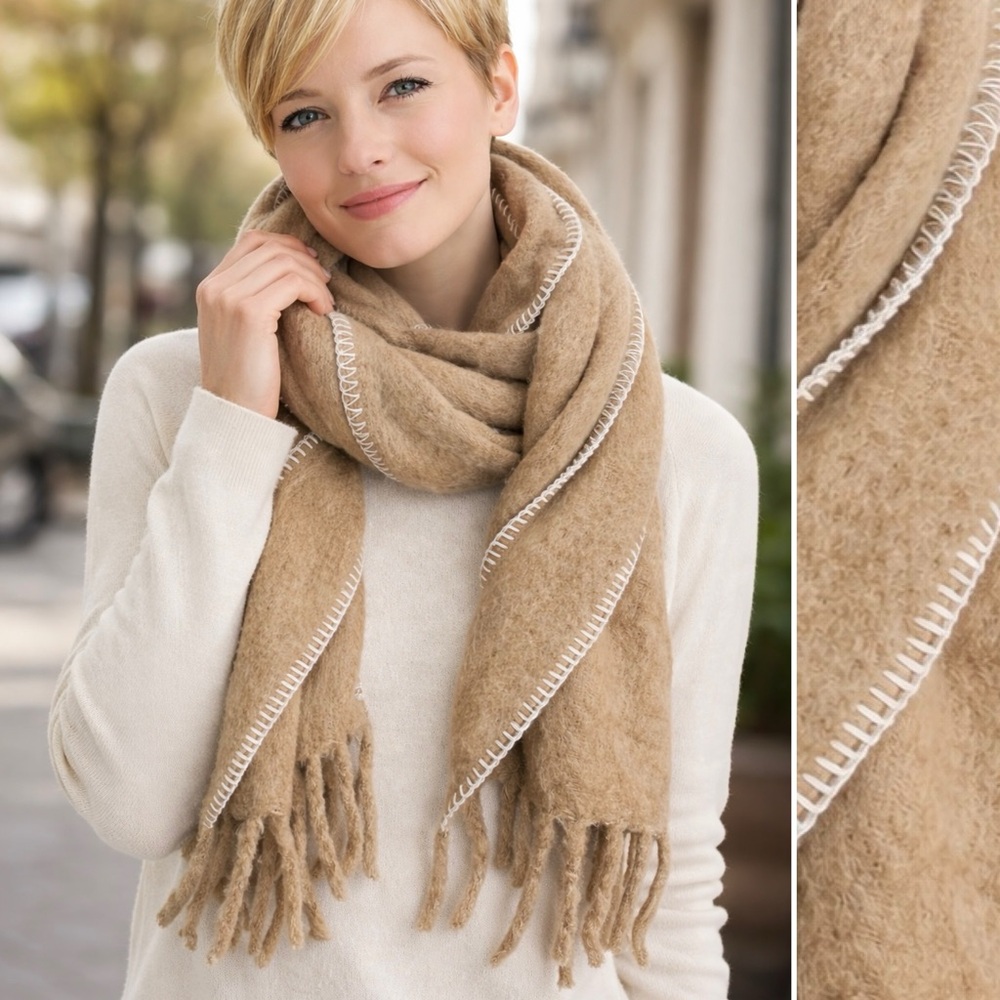 J. CREW Blanket-Stitch Scarf Wool Blend Camel Warm and Comfortable